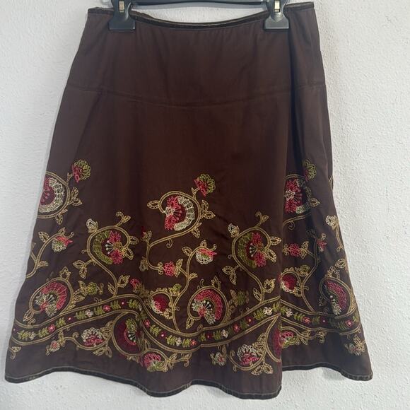 Think Tank Women Embroidered Brown A Line Skirt with Side Zip Size 6 - Picture 3 of 7